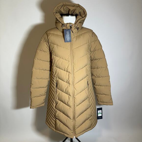 NWT Tommy Hilfiger TH Flex Beige Puffer Coat Jacket Womens Large Hooded Zip Up - Picture 1 of 16